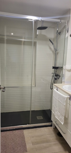 Shower, hair dryer, towels, toilet paper