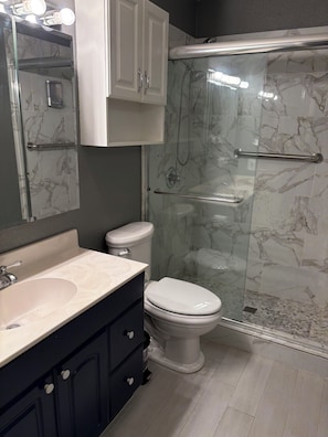Shower, towels, soap, toilet paper