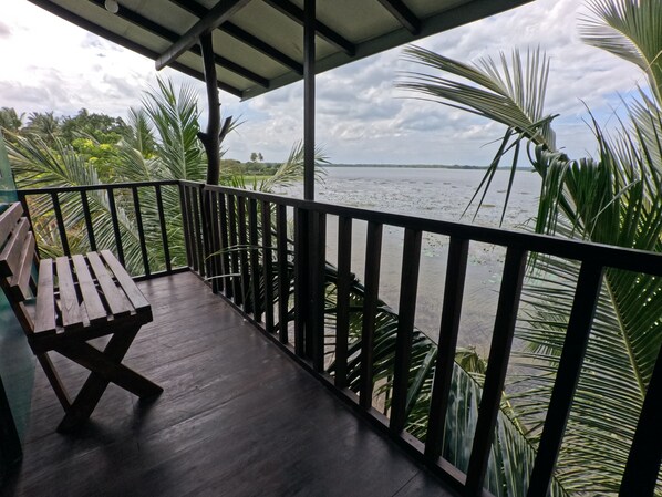 Una terraza de madera con un banco, rodeada de palmeras, con vista a un cuerpo de agua.