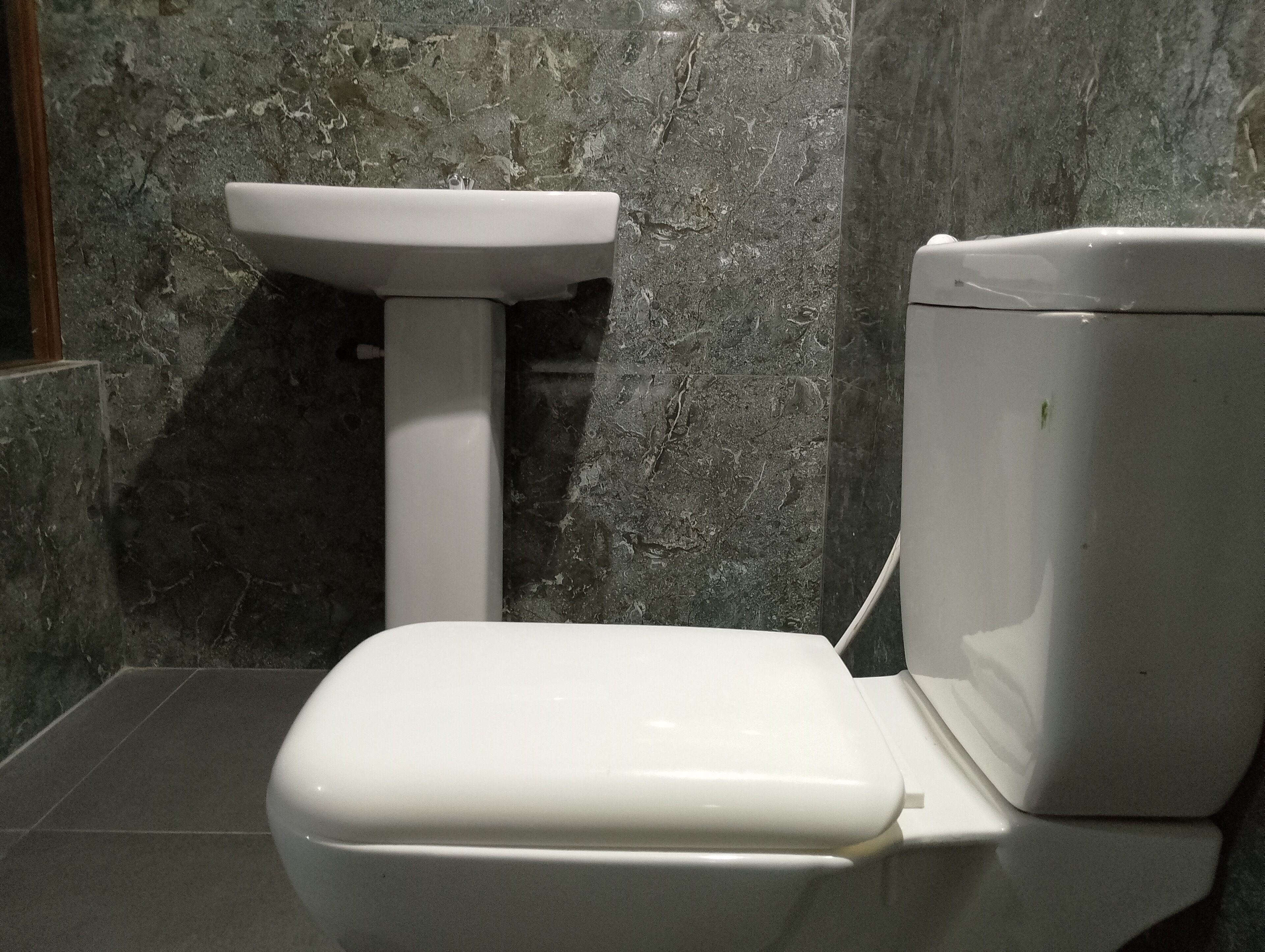 Ein Badezimmer mit Toilette und Waschbecken auf Säule, vor einer Marmorwand.