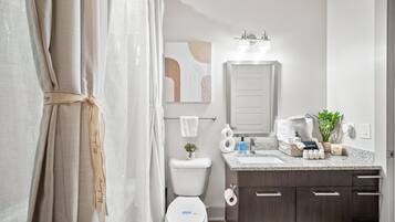 Máy sấy tóc, khăn tắm, xà phòng, giấy vệ sinh