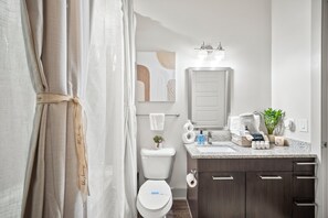 Hair dryer, towels, soap, toilet paper