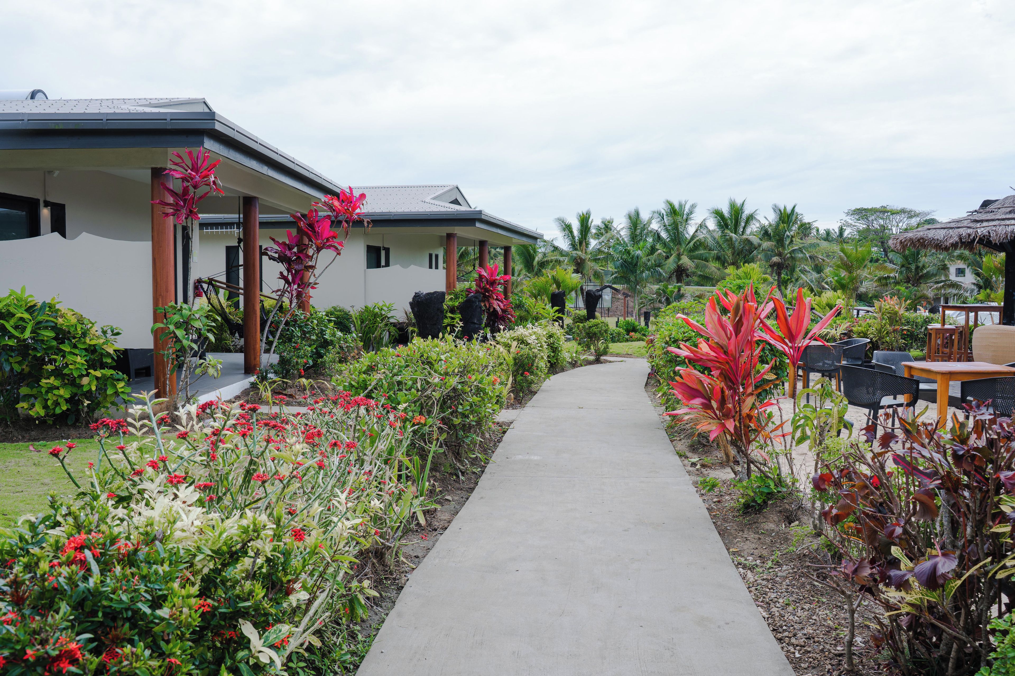 A pathway leading to a building with a covered outdoor seating area, surrounded by tropical vegetation.