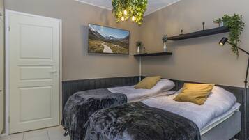 Een slaapkamer met een bed, een deur, een aan de muur bevestigde televisie en een hangende plant.