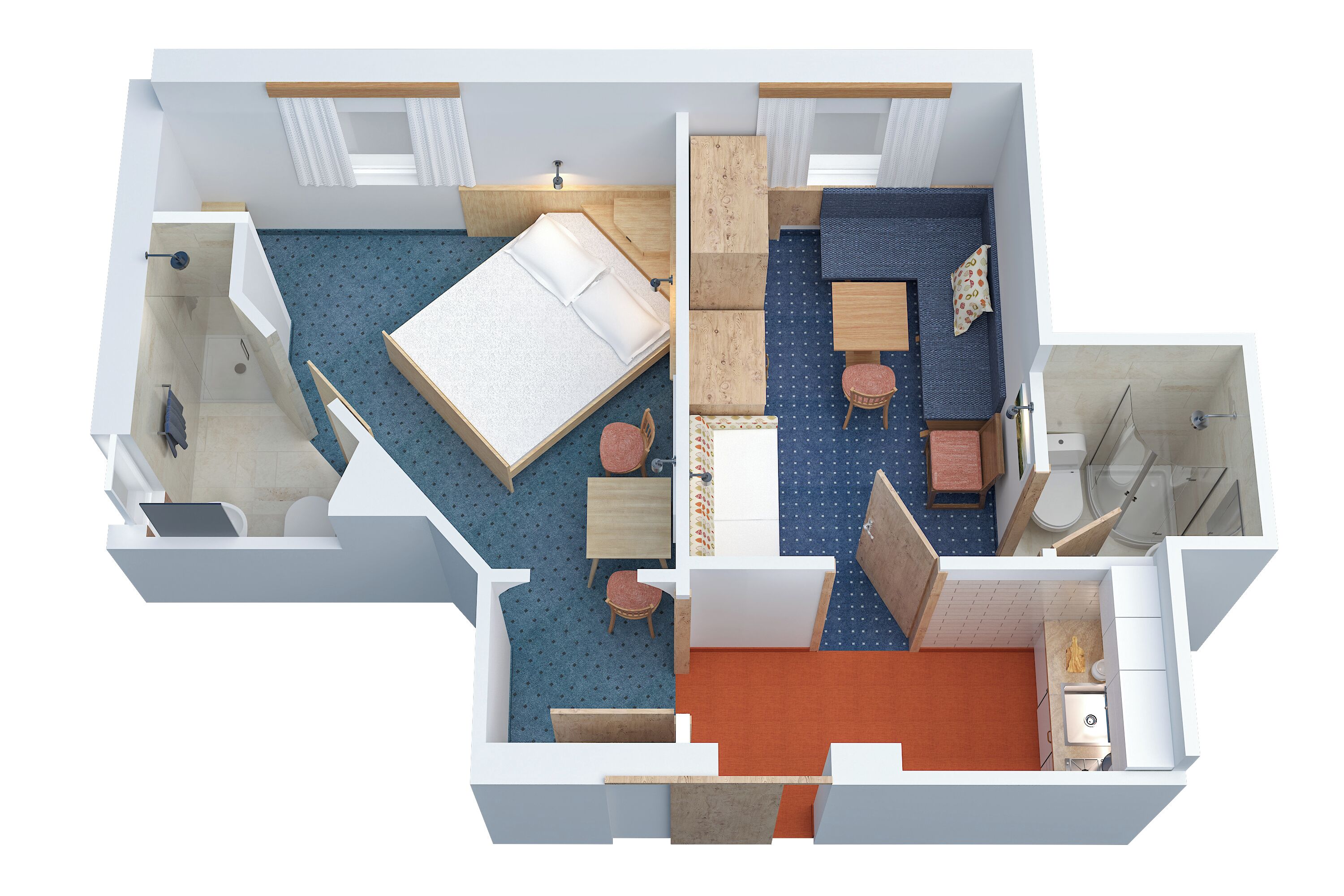 Distribución de un apartamento de dos habitaciones con una cama grande, un escritorio, una silla, una mesita y un baño.