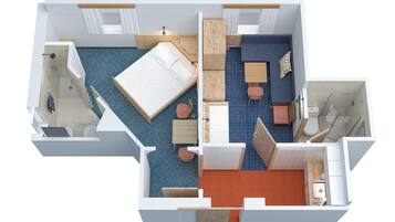 Distribución de un apartamento de dos habitaciones con una cama grande, un escritorio, una silla, una mesita y un baño.