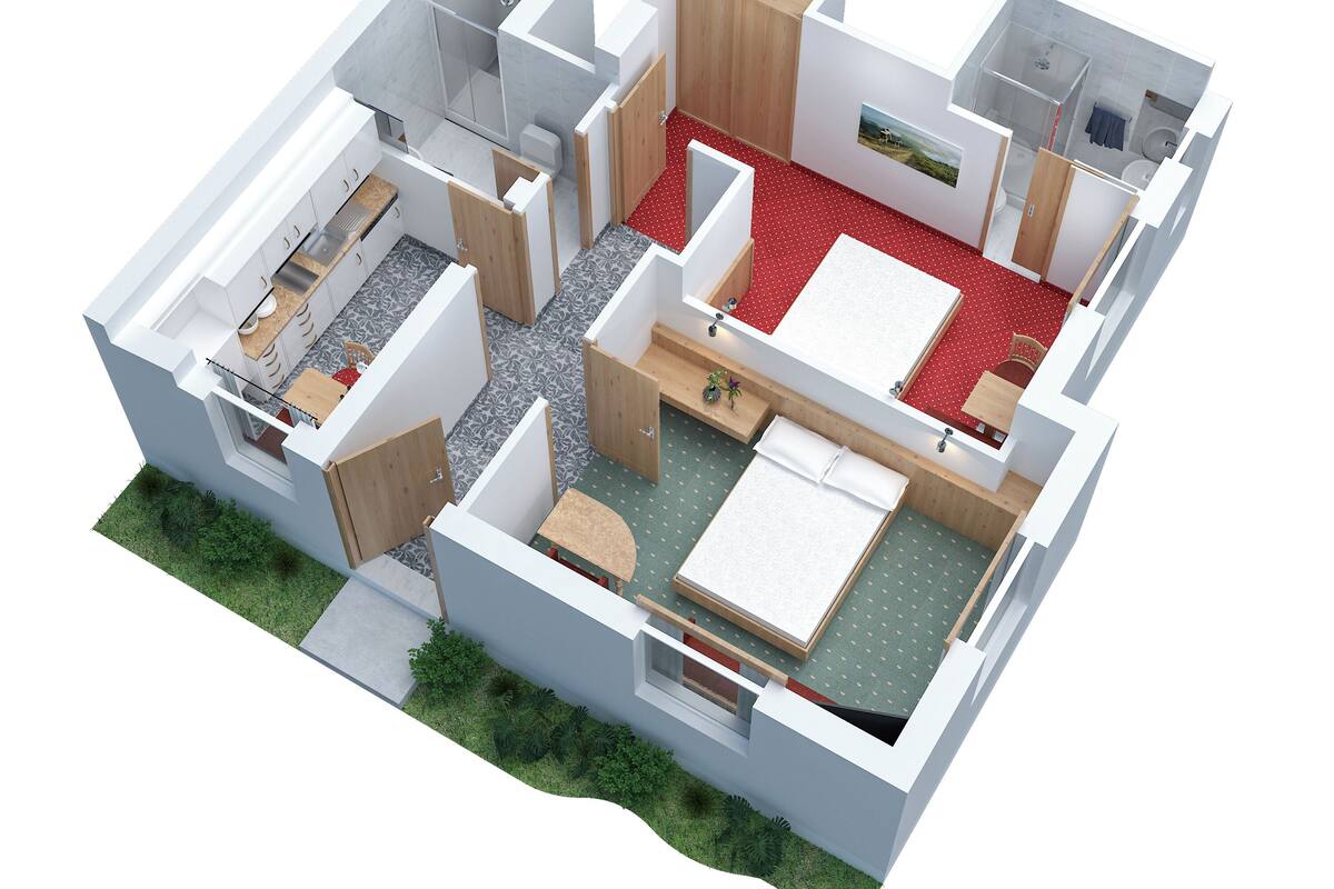 Un modelo 3D de un apartamento moderno con cocina, dos dormitorios, un baño y un balcón pequeño.