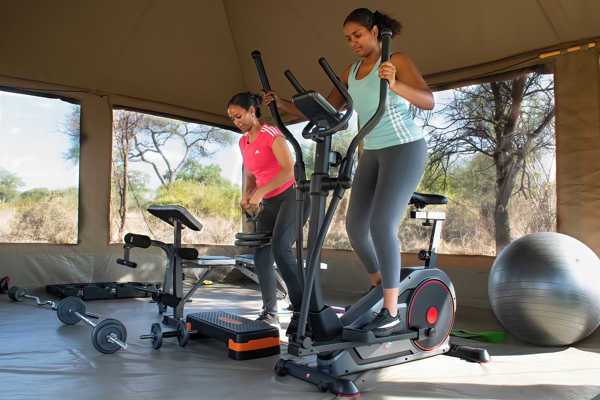 Two people using elliptical machines in a covered area with windows, a barbell, and a medicine ball.