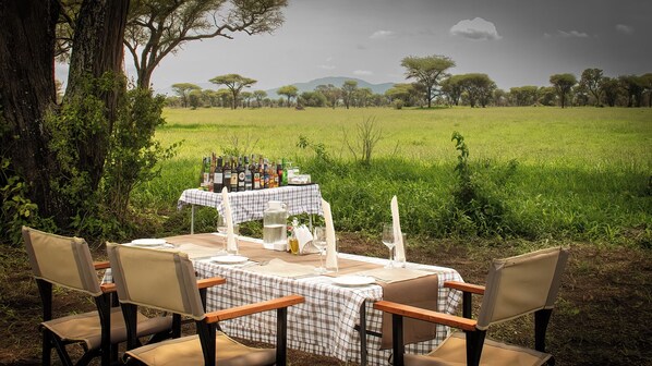 A table set outdoors with chairs, bottles, and glasses, surrounded by greenery and trees. - Tarangire Greenland Retreat (Tarangire National Park)