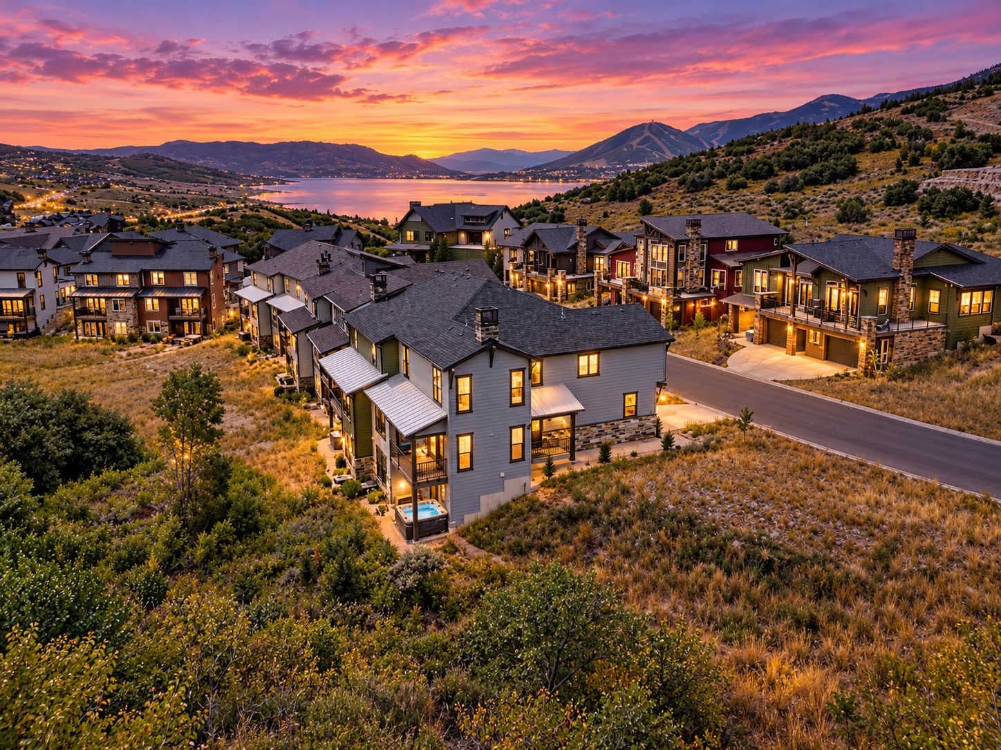 A residential area with houses featuring multiple stories and balconies, surrounded by natural landscape and a body of water in the background.