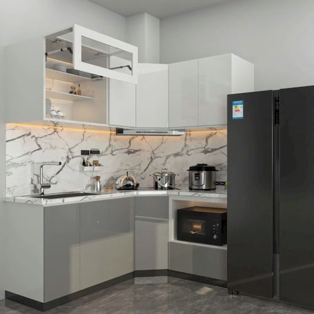 Refrigerador con freezer, microondas, utensilios de cocina