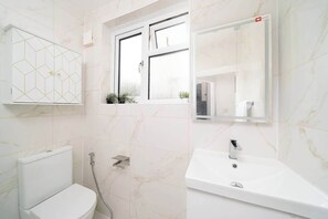 Hair dryer, towels, soap