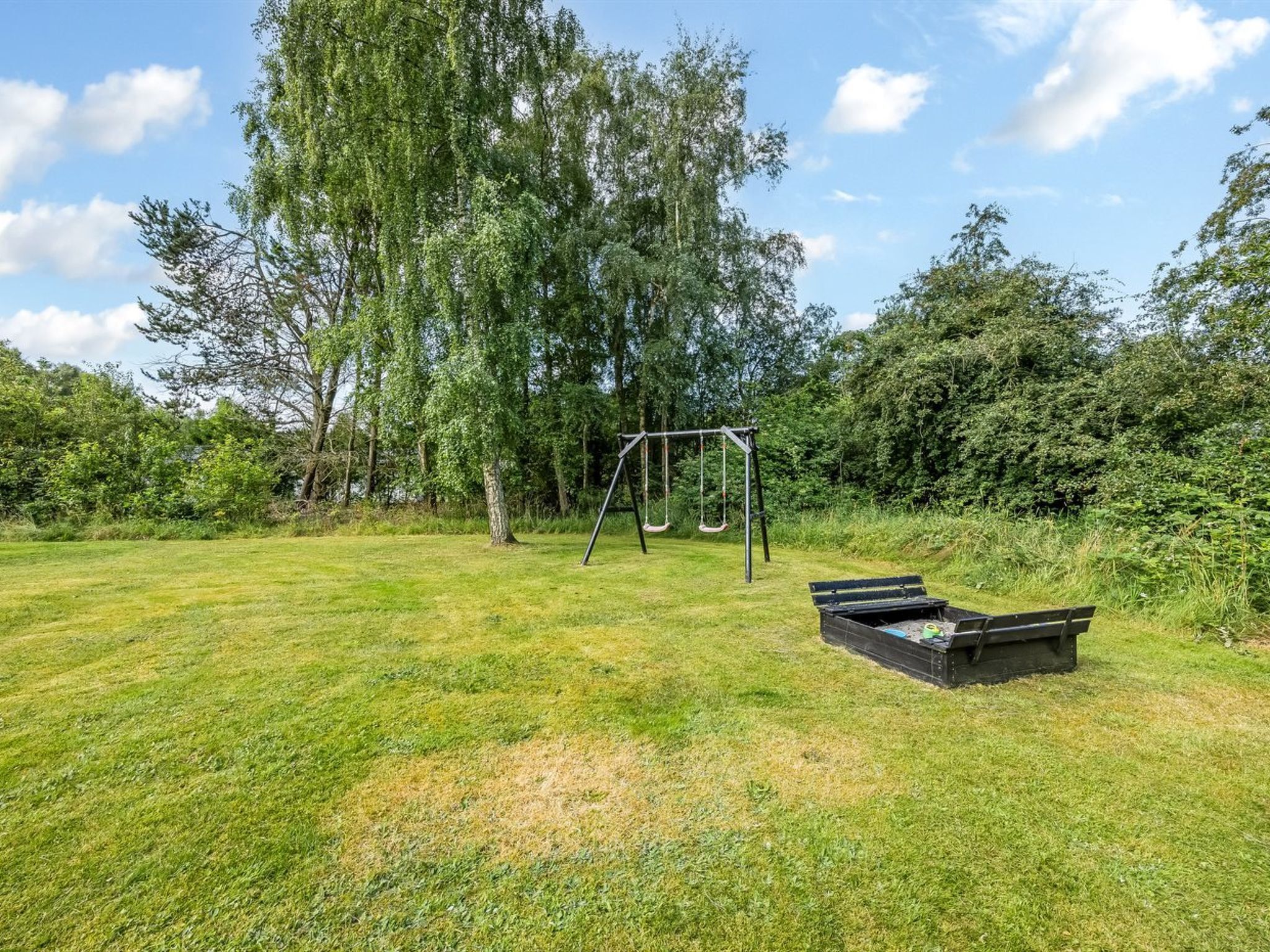 Un espace extérieur verdoyant avec une balançoire et un banc noir.