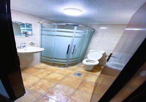Hair dryer, towels, soap, toilet paper