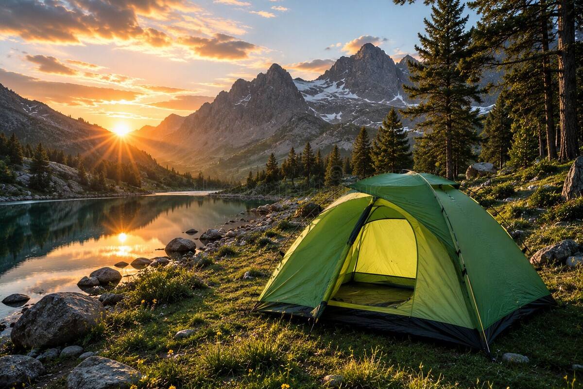 A green tent by a lake with mountains in the background.