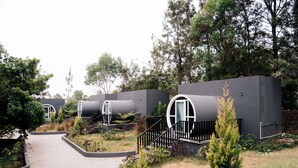 A pathway leading to cylindrical structures with windows, surrounded by greenery and trees. - Benchkal Resort (Tumkur)