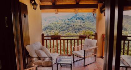 Panoramic two-story dwelling with private garden, surrounded by green woods.