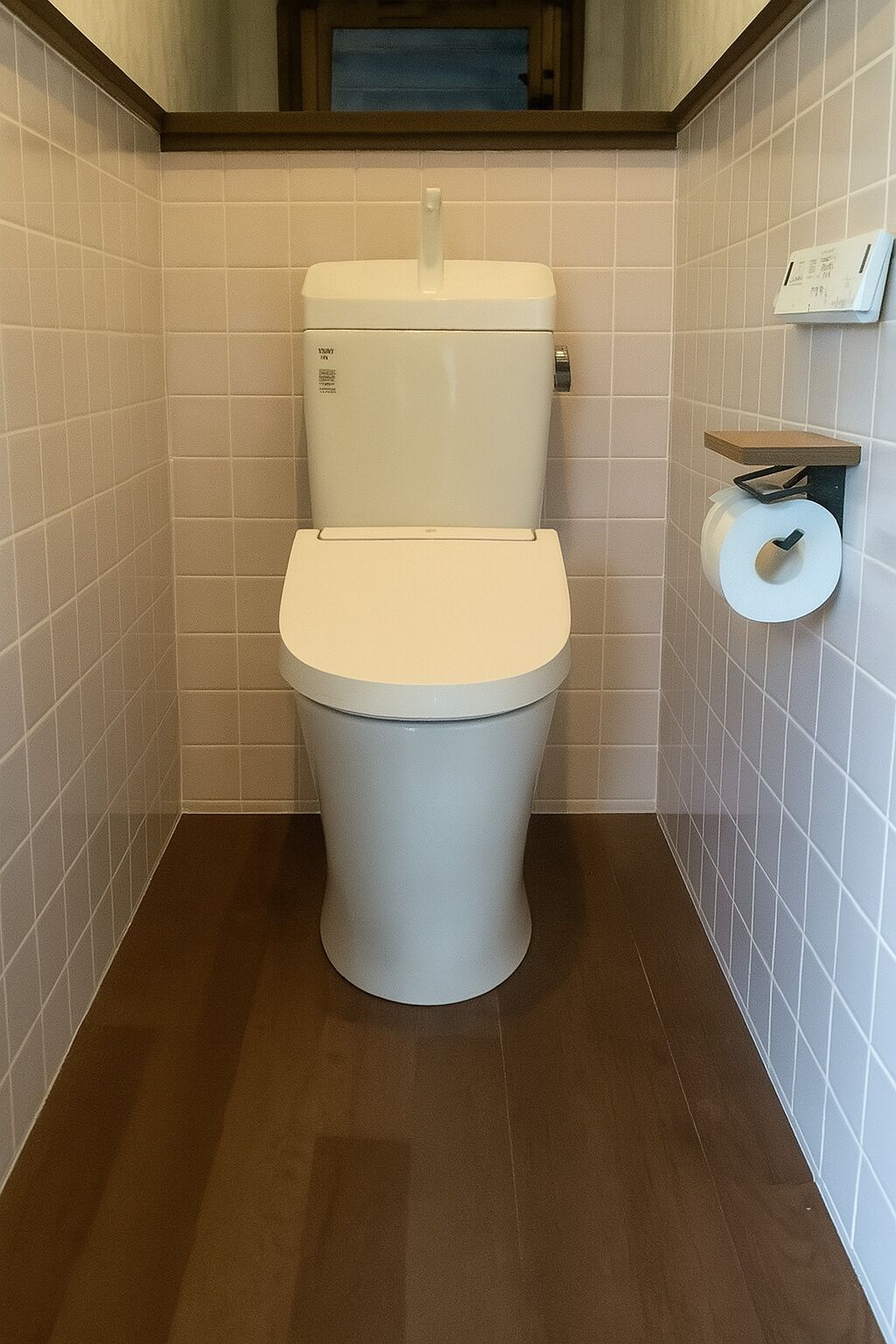 Des toilettes avec un abattant et une cuvette blancs, un porte-rouleau de papier toilette fixé au mur et un sol marron.