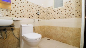 Hair dryer, slippers, towels, soap