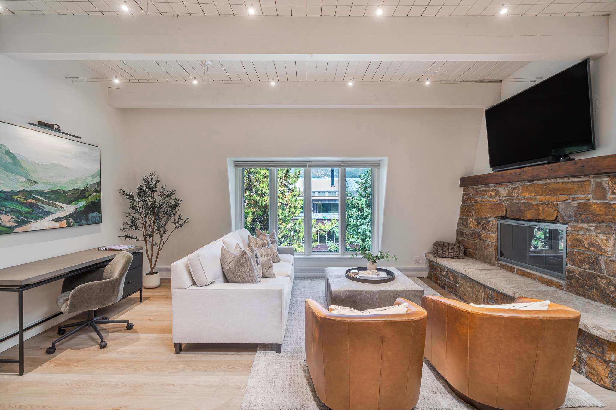 Smart TV, chimenea, estéreo y oficina 