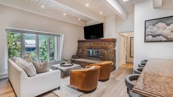 Télévision, cheminée, chaîne hi-fi, espaces bureaux