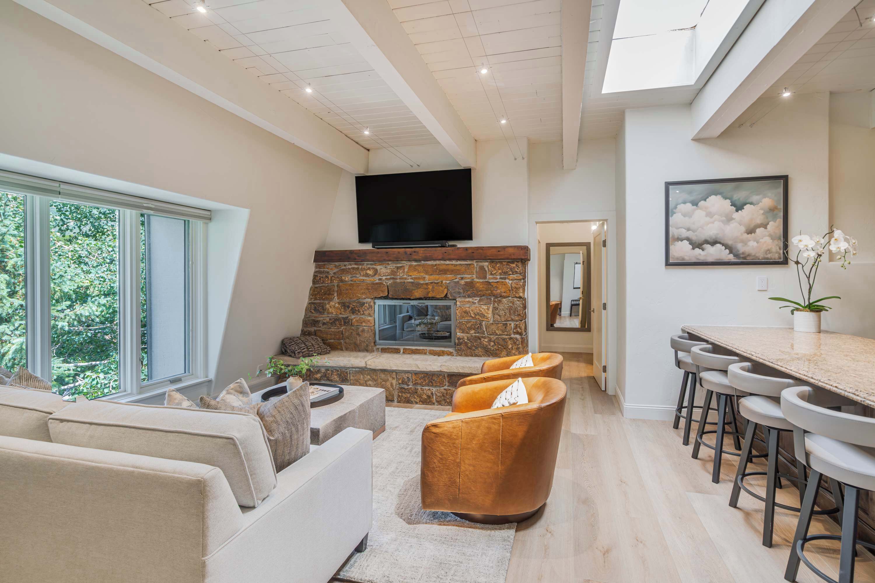 Televisie, een open haard, een stereo en een kantoor