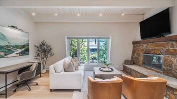 Télévision, cheminée, chaîne hi-fi, espaces bureaux