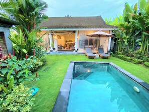 Une maison moderne dotée d’une piscine, d’un patio avec des chaises longues et d’une végétation luxuriante.