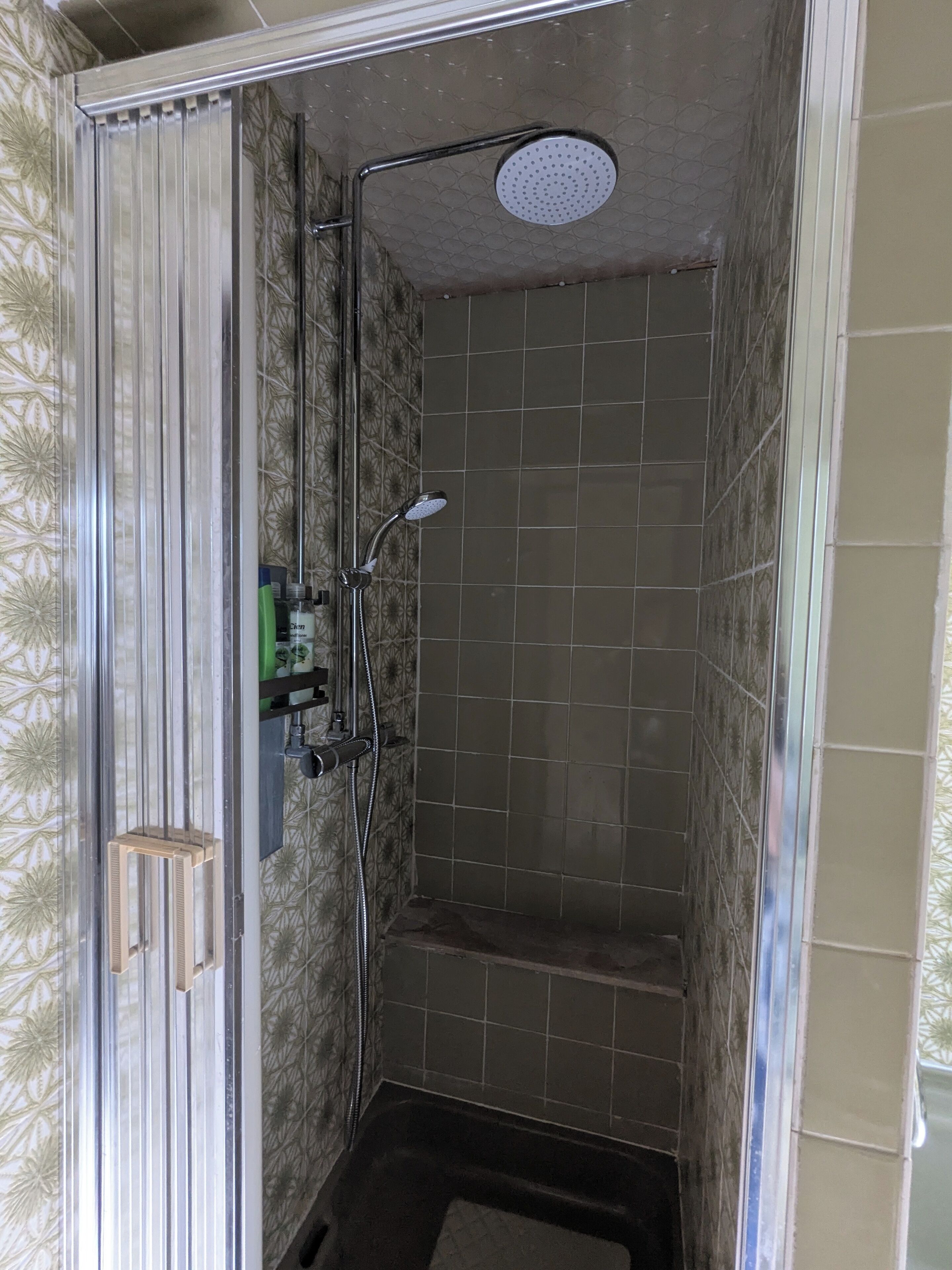 Shower, hair dryer, soap, toilet paper