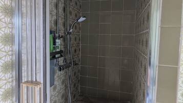 Shower, hair dryer, soap, toilet paper