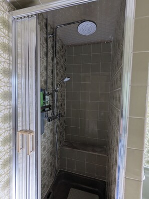 Regadera, secadora de cabello, jabón, papel de baño 