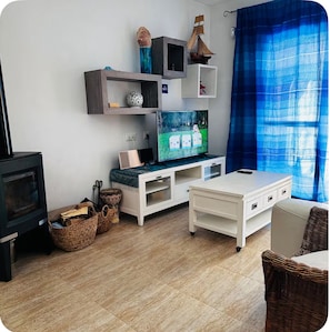 Smart TV, fireplace, books, stereo