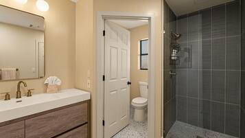 A bathroom with a white vanity, a mirror with lights, a shower with dark tiles, and a door leading to another room.