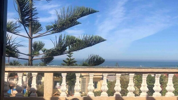 Un balcon avec vue sur la mer, un palmier et un sol carrelé.