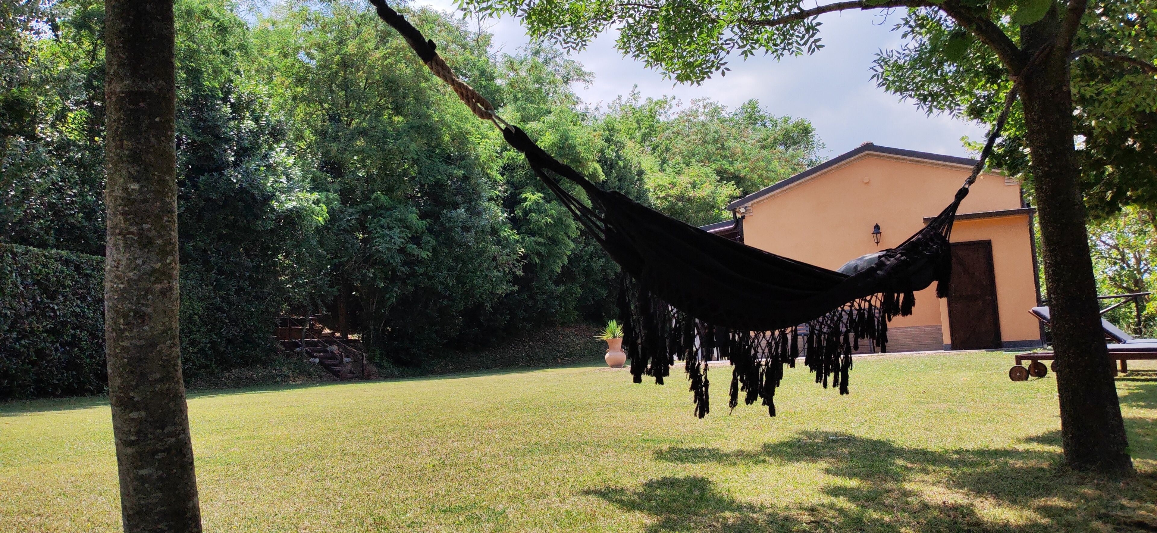 A hammock hanging between trees in a grassy area with a building in the background.