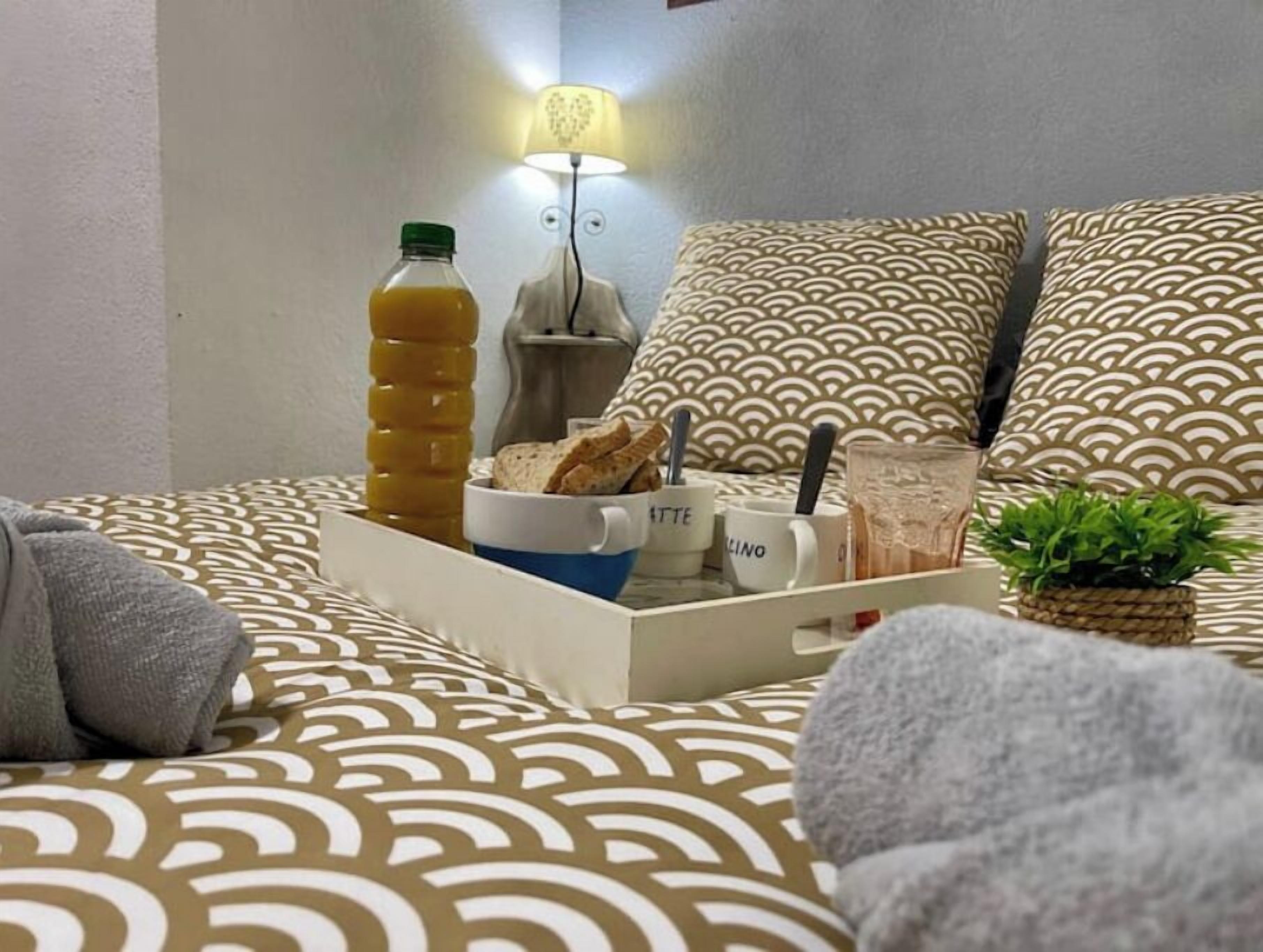 A neatly arranged breakfast tray on a bed with patterned pillows, a lamp, and a small plant.