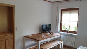 A room with a wooden table, a television, a window with a plant, and a radiator. - Beautiful vacation apartment for fitters (Bärnau)