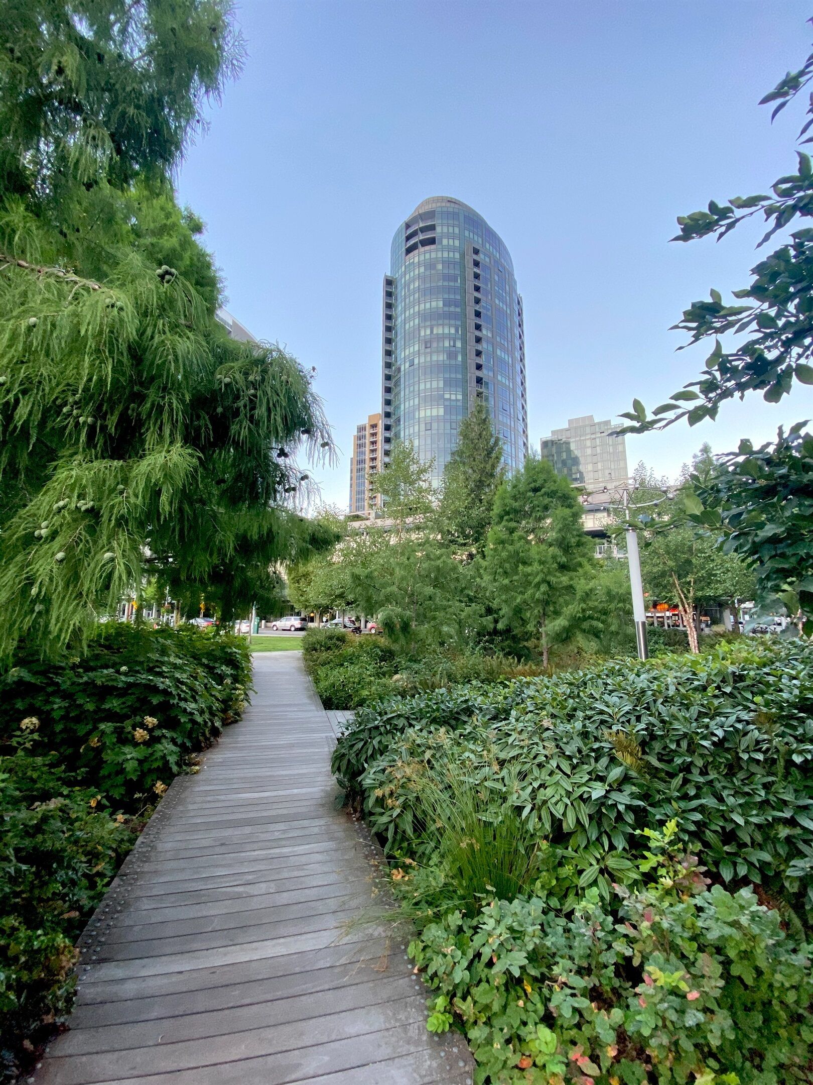 A pathway lined with dense greenery and a tall modern building in the background.