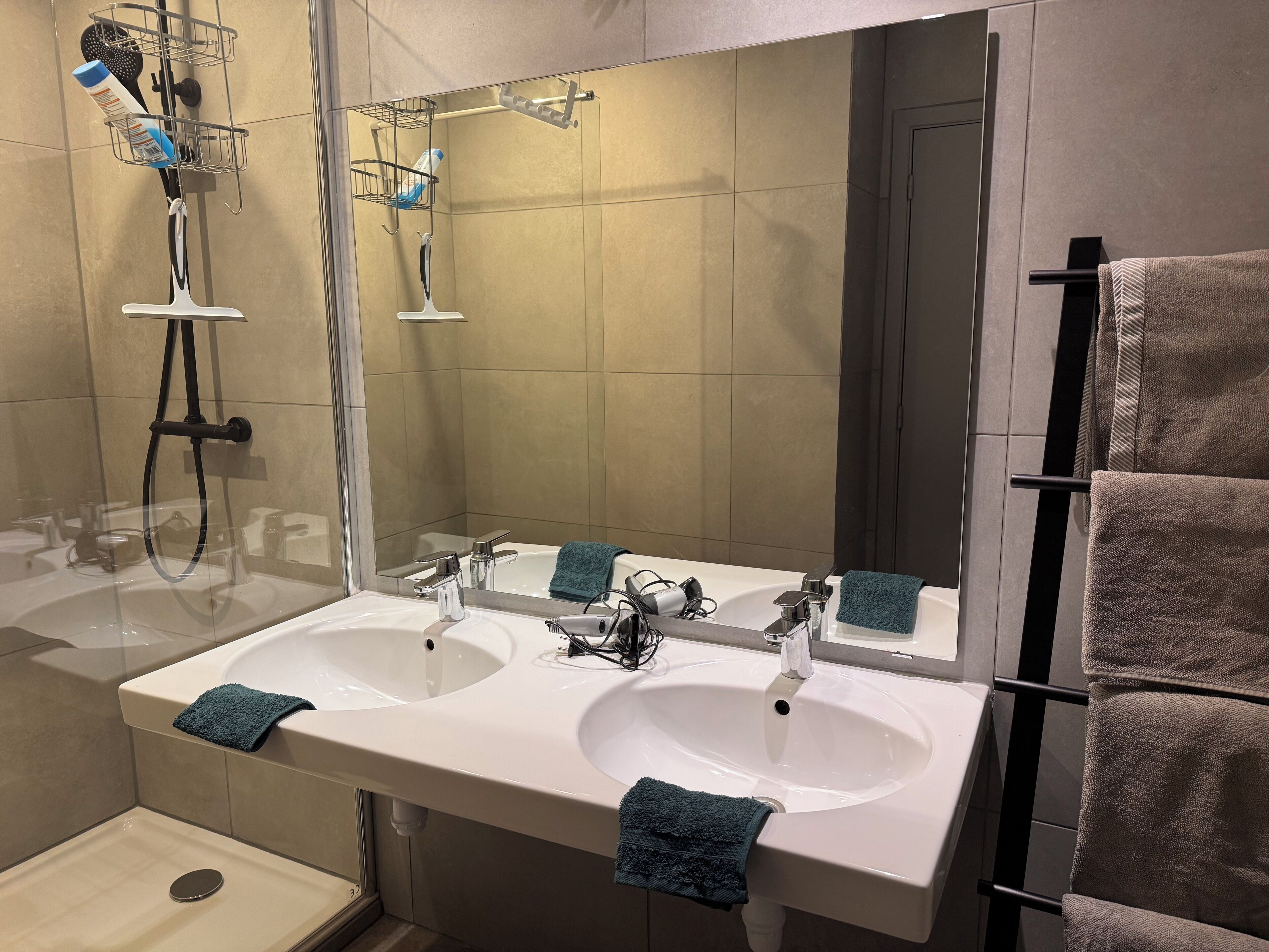 Hair dryer, towels, soap, toilet paper