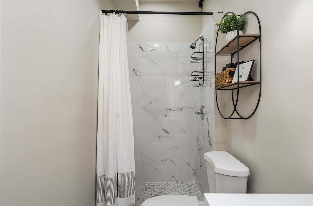 Un baño con ducha, inodoro y un estante con una planta y una cesta.