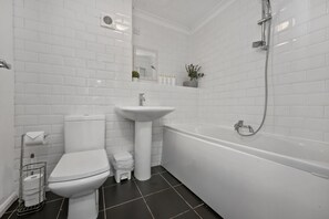 Hair dryer, towels, soap, shampoo