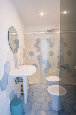 Shower, hair dryer, bidet, towels