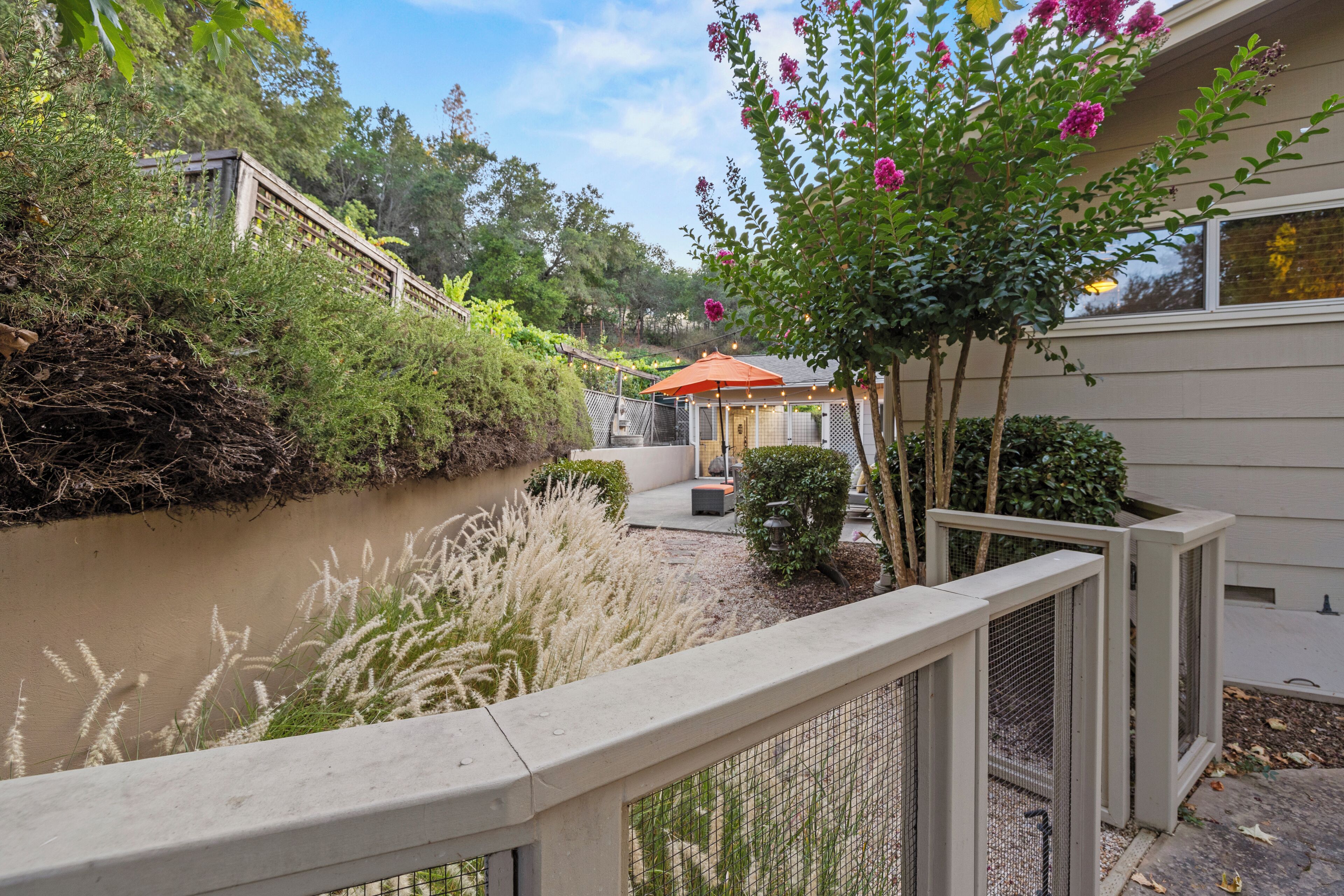 A riverside walkway with a wooden deck, a small gazebo, and lush greenery.