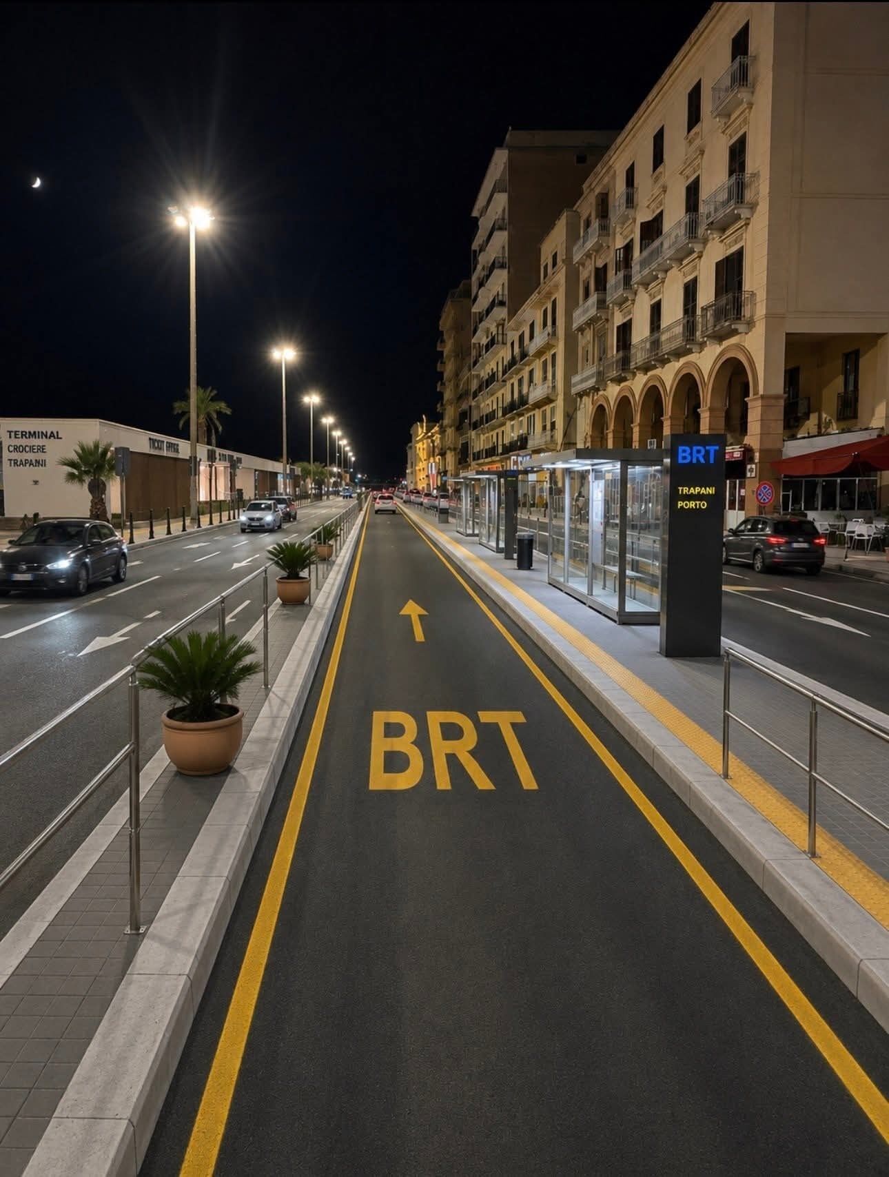 A nighttime street with a BRT bus lane, a bus stop, and buildings with balconies.