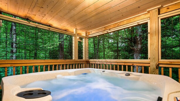 A hot tub with a view of a forest through large windows.