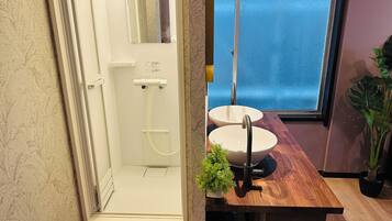 Shower, hair dryer, bidet, towels