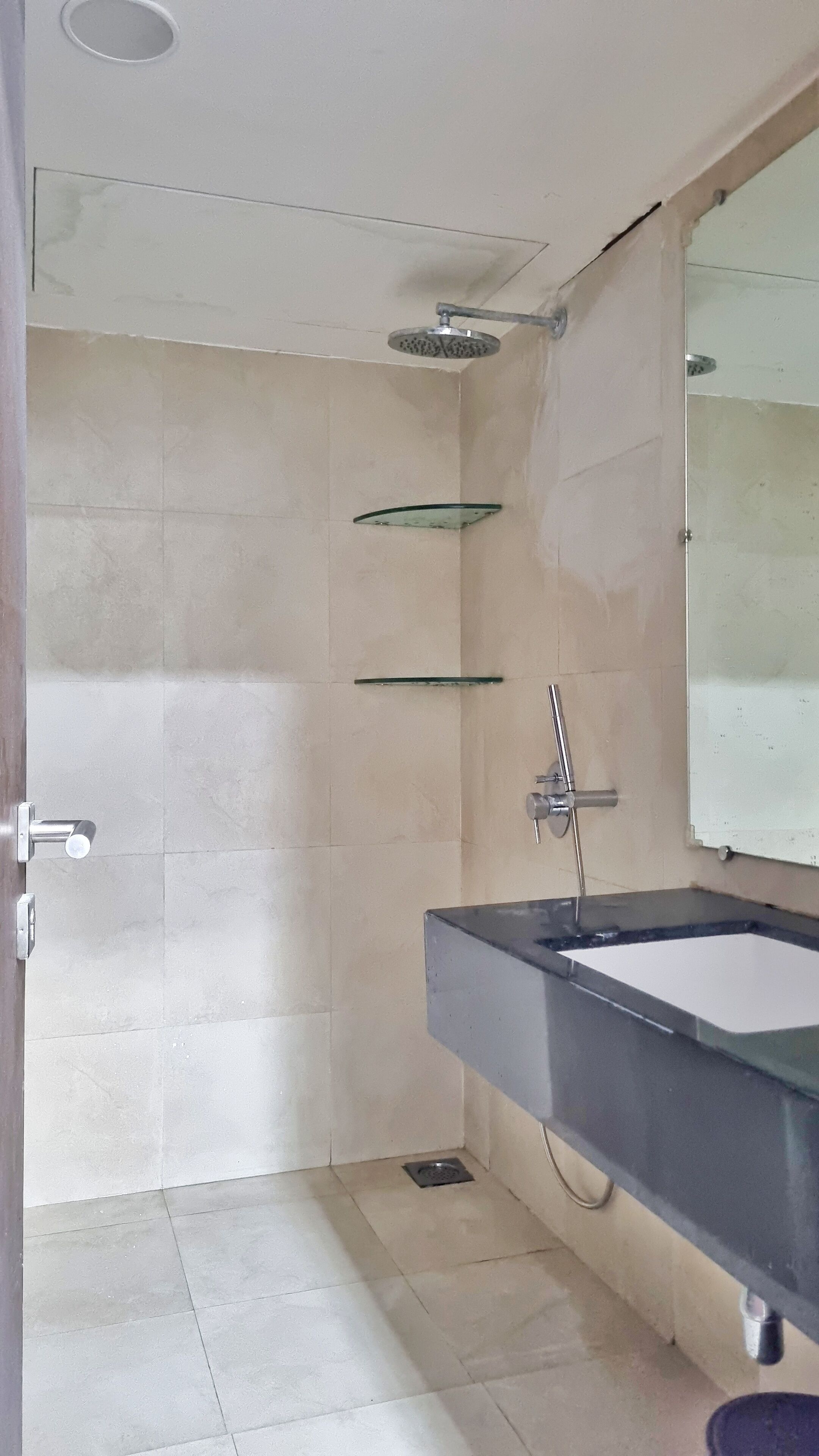 A bathroom with a shower, a glass shelf, a sink, and a mirror.