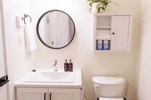 A bathroom with a white sink, a mirror, a toilet, and a cabinet with toiletries. - Elegant Modern Loft in Prestigious Fairways (Riverview)