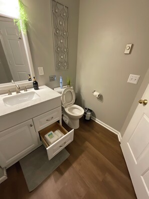 Sèche-cheveux, serviettes fournies, savon, papier toilette