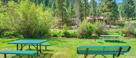 A picnic area with green tables and benches, surrounded by trees and a small building in the background.